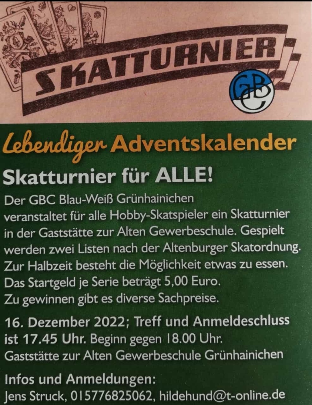 Lebendiger Adventskalender - Skatturnier in der Gaststätte "Alte Gewerbeschule" am 16.12.2022