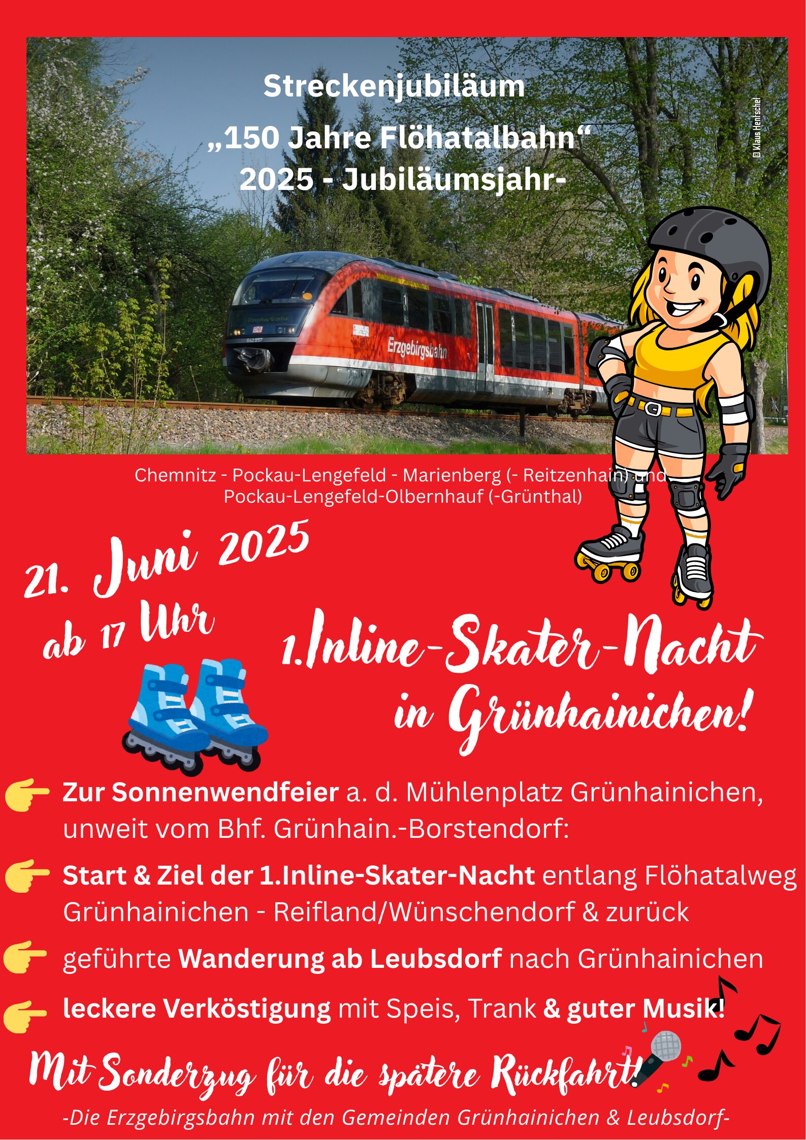 150 Jahre Flöhatalbahn - Fest unweit vom Bahnhof Grünhainichen-Borstendorf mit 1. INLINE-SKATER-NACHT am 21.06.2025