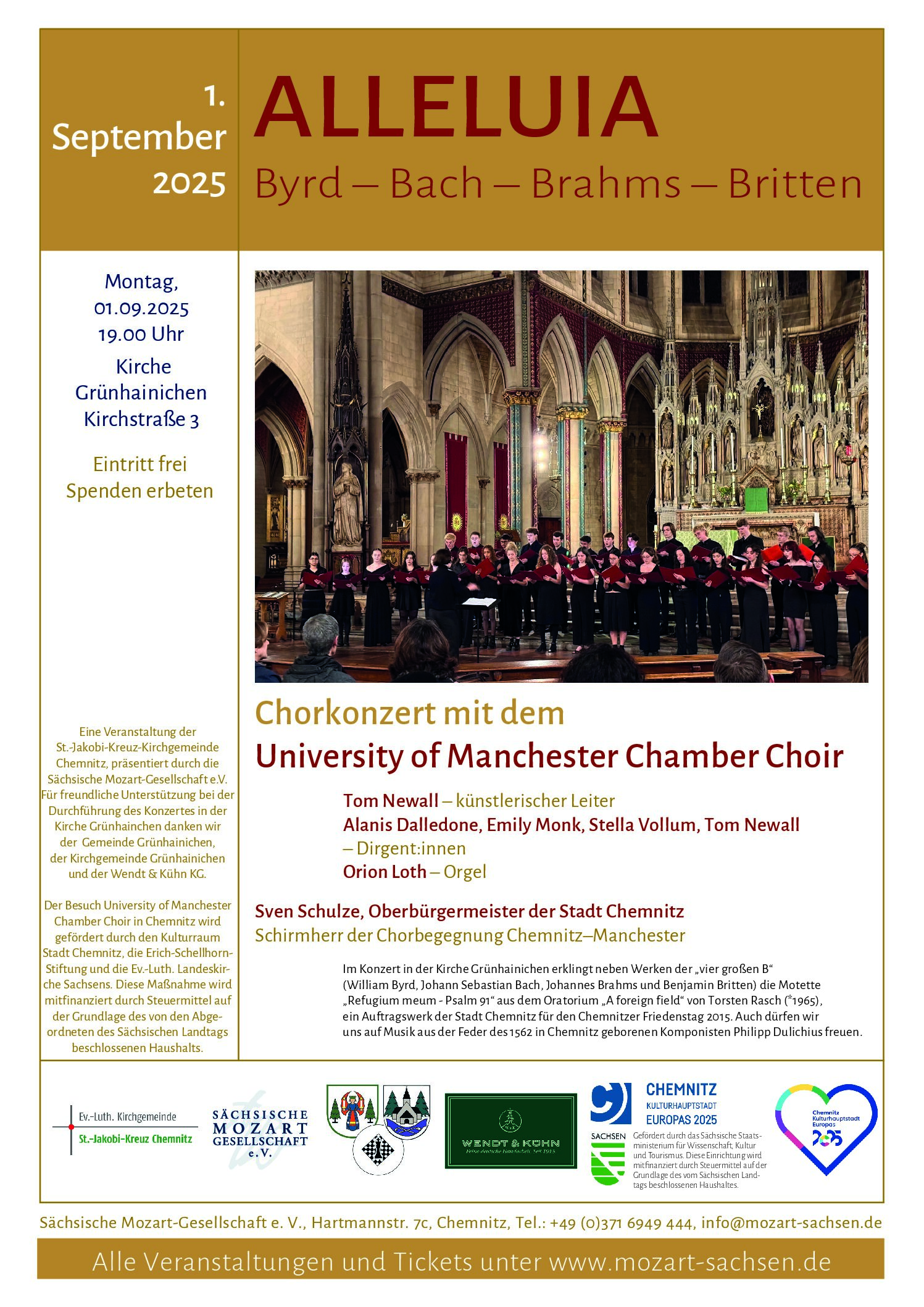 Chorkonzert mit dem University of Manchester Chamber Choir am 01.09.25 in der Kirche Grünhainichen!