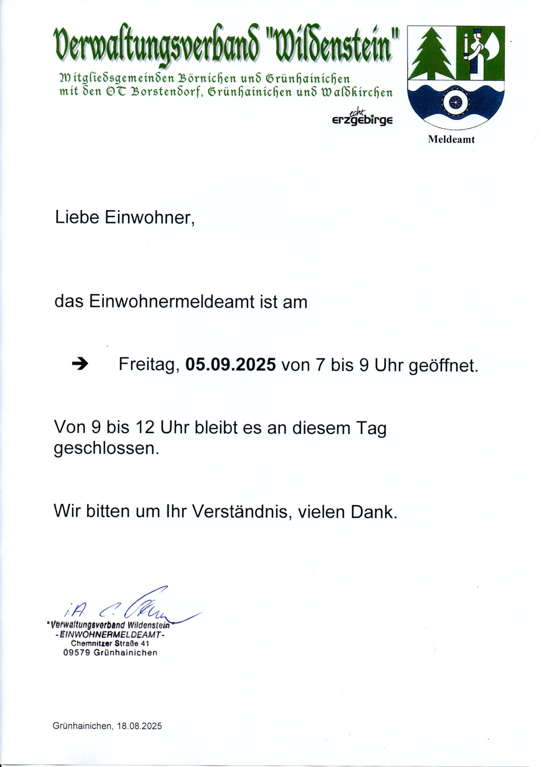 Geänderte Öffnungszeiten des Einwohnermeldeamtes am Freitag, 05.09.25