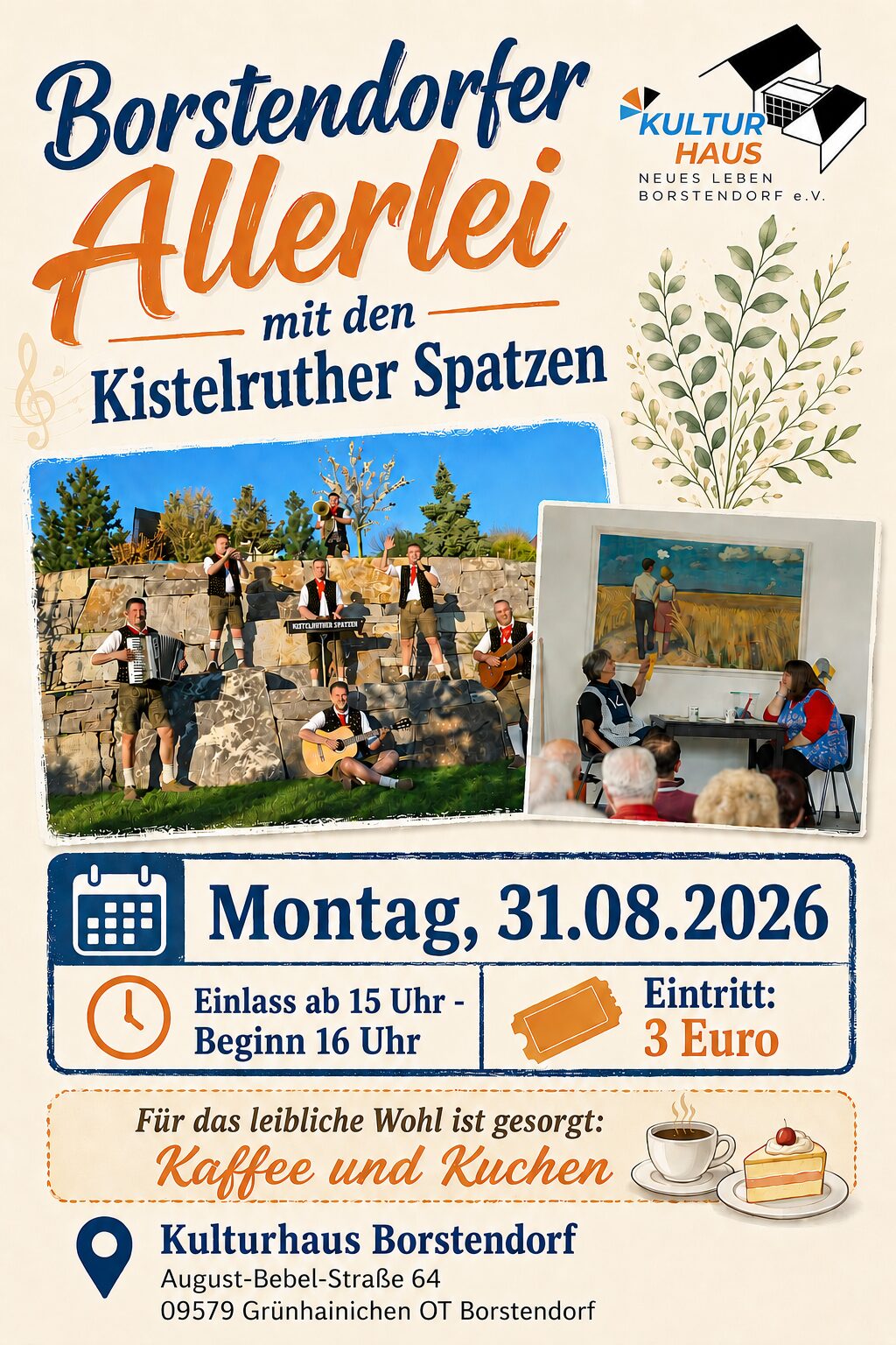 Plakat Borstendorfer Allerlei mit den &#8222;Kistelruther Spatzen“ am 31.08.2026 im Kulturhaus Borstendorf
