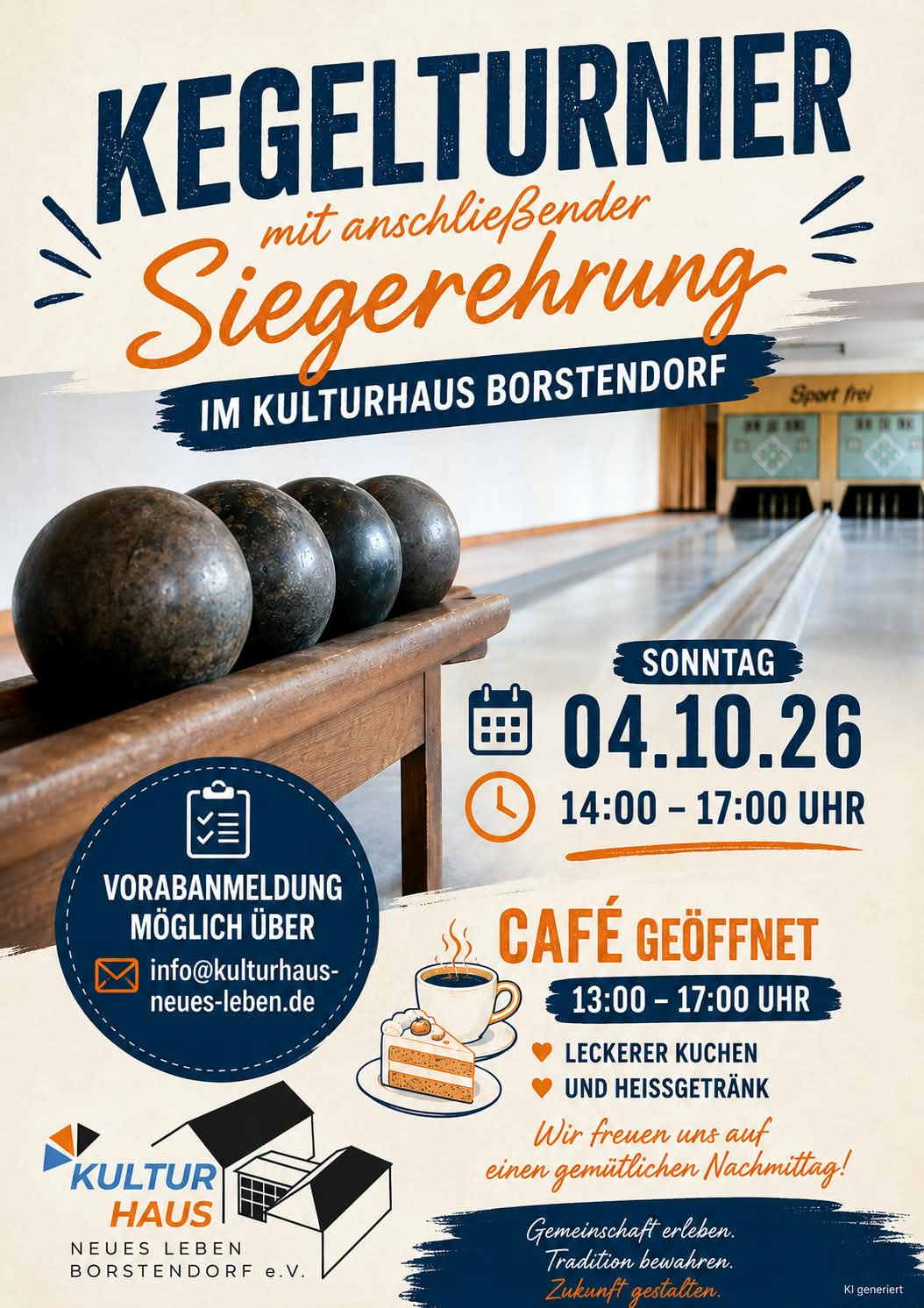 Plakat Kegelturnier und offenes Café